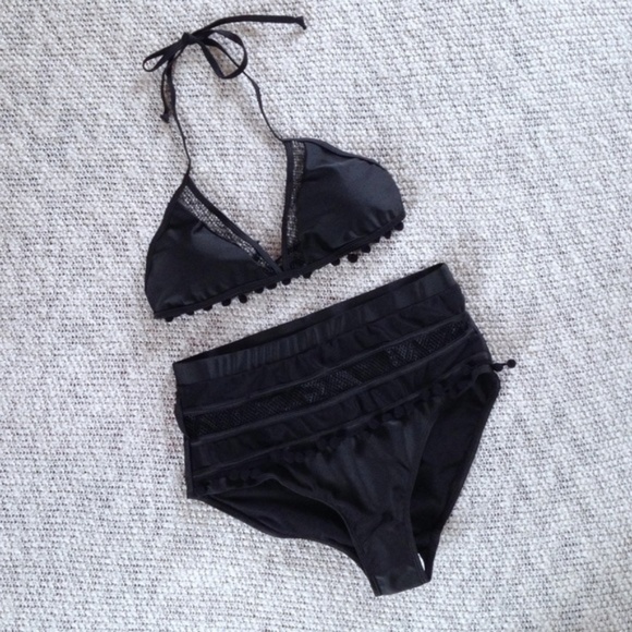 Sexy Boho High Waist Pom Mesh Triangle Bikini NEW - Picture 3 of 4